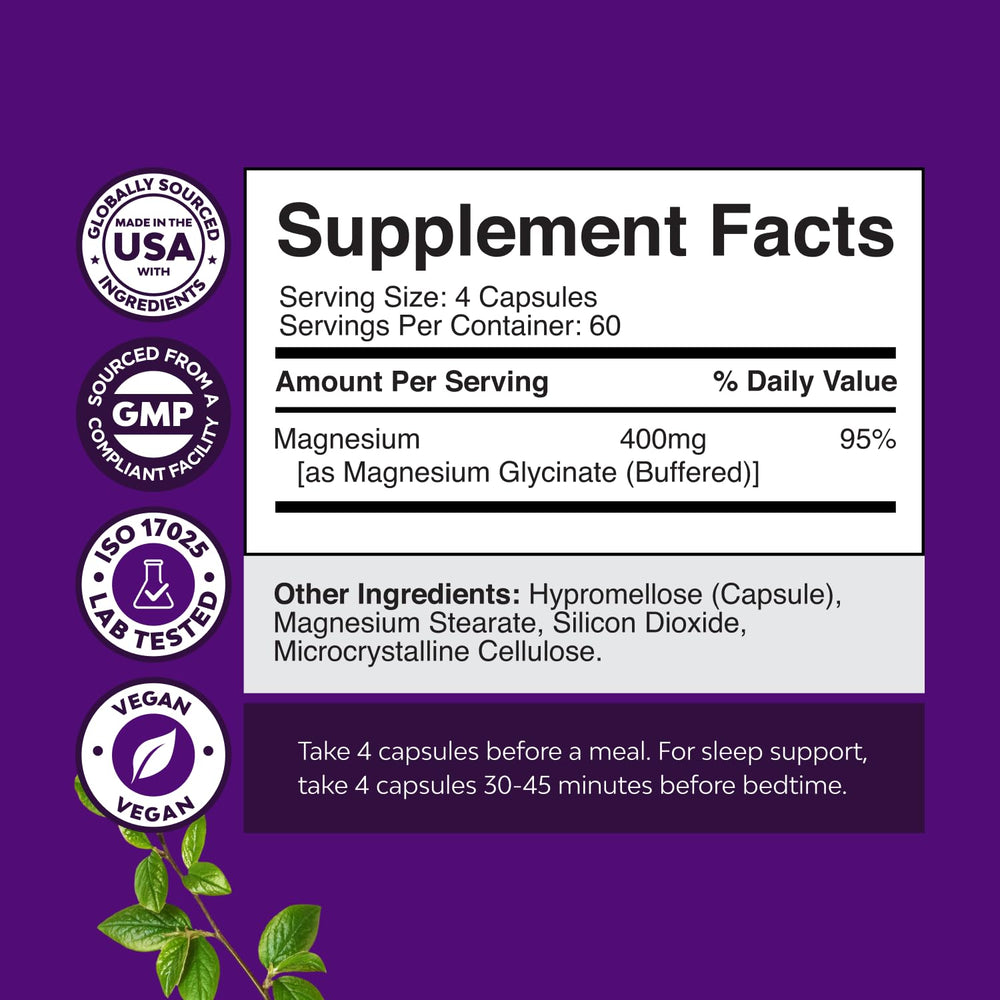 Nature's Craft Magnesium Glycinate capsules emphasize chelated, absorbable formula.