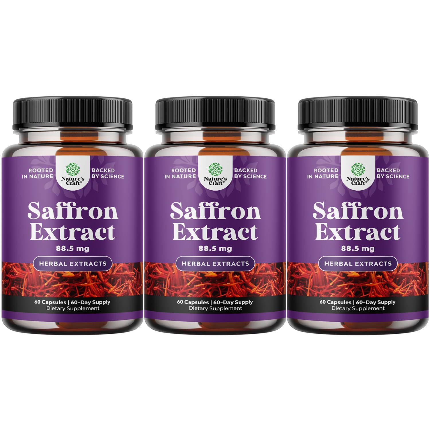 Nature's Craft saffron extract capsules bottle promoting natural mood support and daily wellness.
