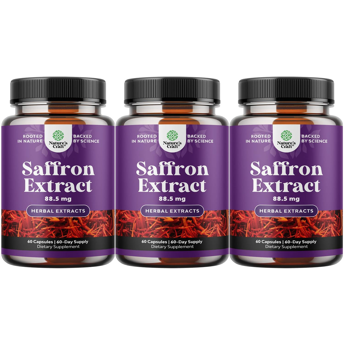 Nature's Craft saffron extract capsules bottle promoting natural mood support and daily wellness.