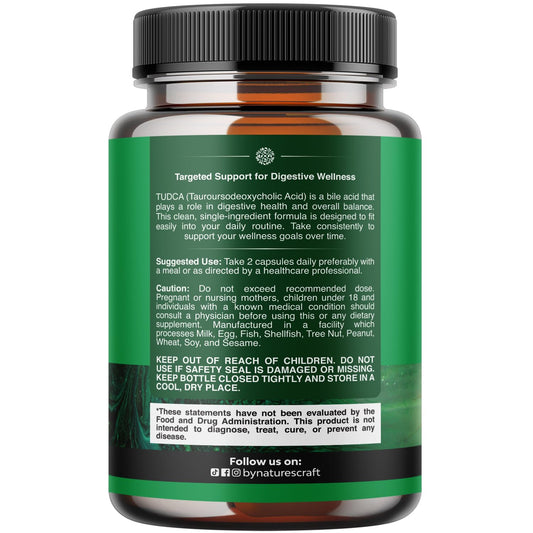 Natures Craft TUDCA capsules close-up highlighting high-purity formula for gallbladder health
