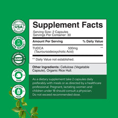 Natures Craft TUDCA label detail showing 500mg per serving for bile salt support
