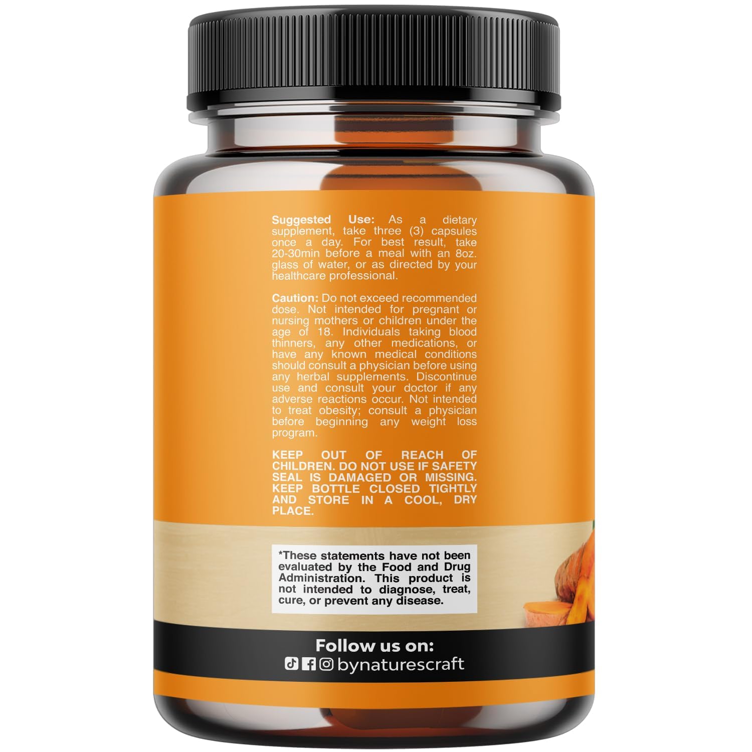 Natures Craft Turmeric Curcumin bottle back label with ingredients and usage details.
