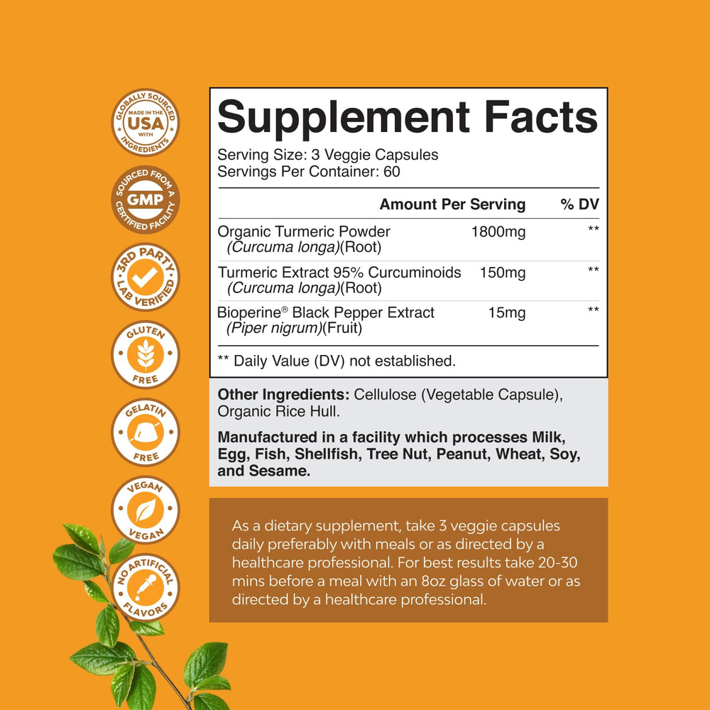 Close-up of Turmeric Curcumin capsules highlighting 95% curcuminoids and potency.