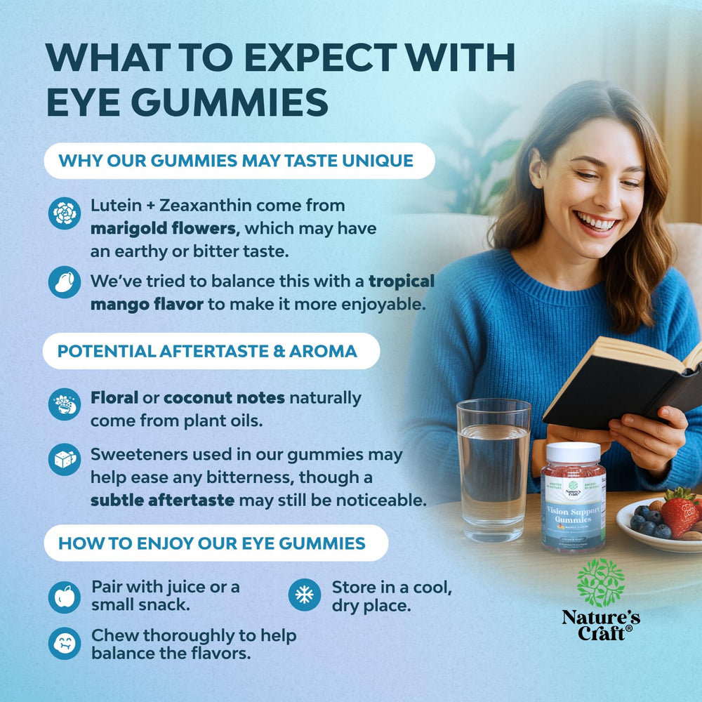 Natures Craft Vision Support Gummies ingredient panel highlighting essential carotenoids