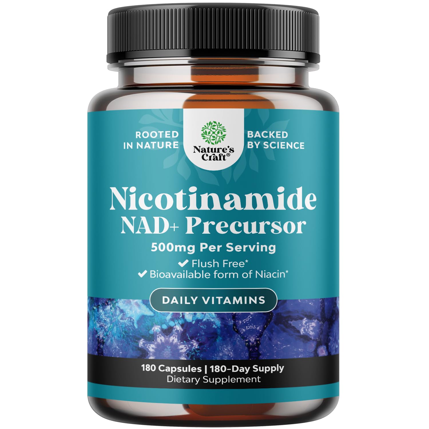 Natures Craft Vitamin B3 Niacinamide 500mg bottle with clear label supports skin health.