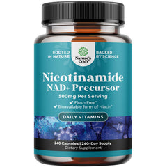 Natures Craft Vitamin B3 Niacinamide bottle with flush-free 500 mg capsules for energy support.