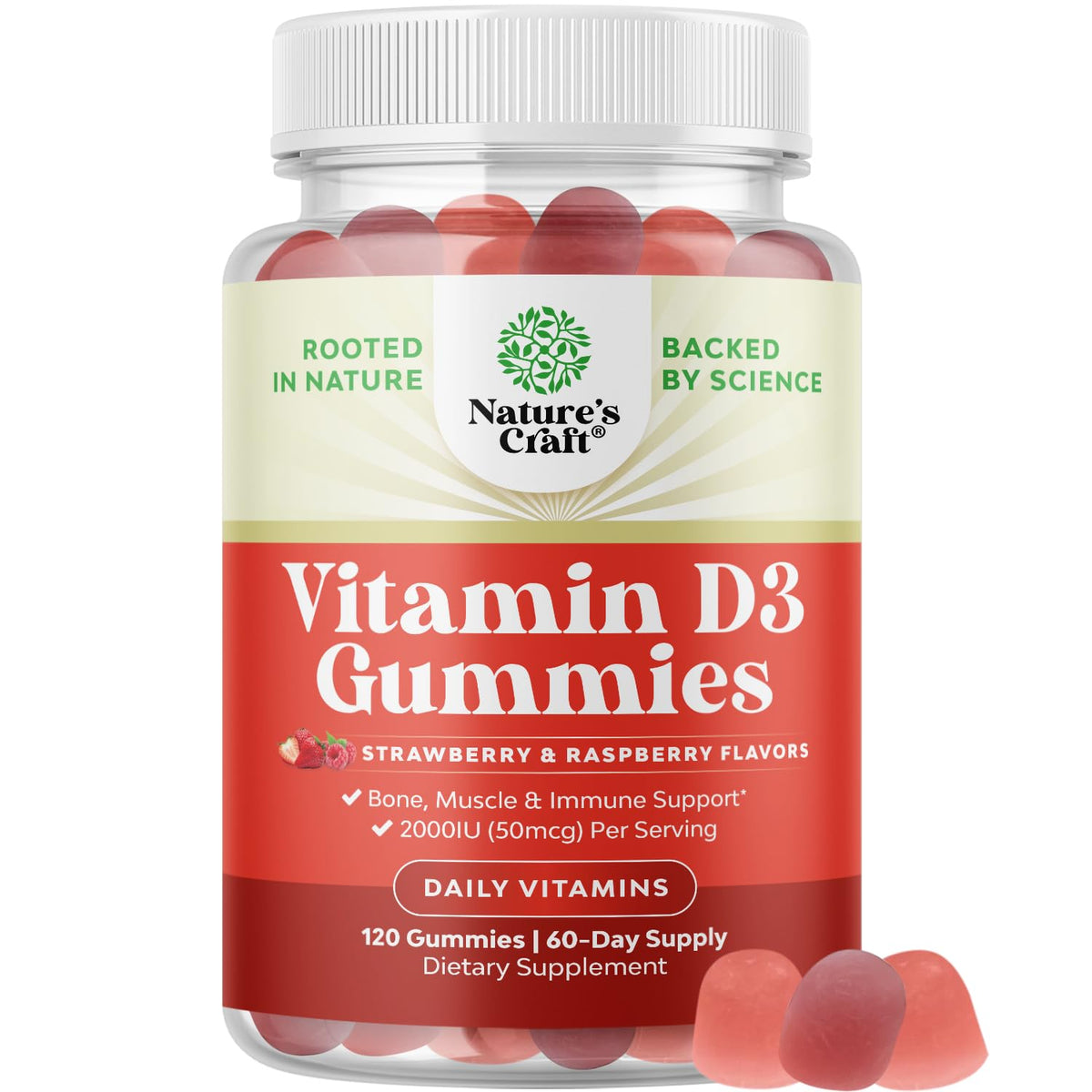 Natures Craft Vitamin D Gummies 2000IU bottle for adults featuring vegan D3 for daily wellness