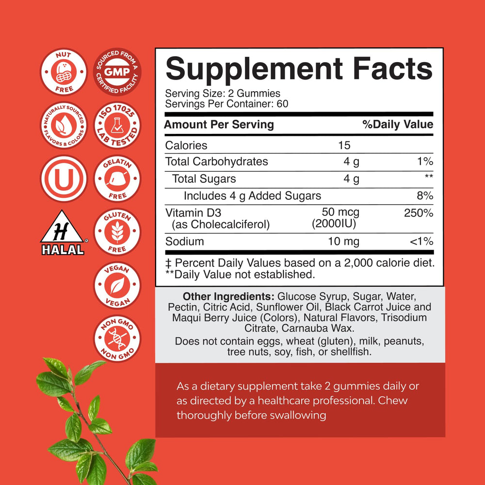 Natures Craft Vitamin D Gummies label highlights 2000IU vegan D3 for adults