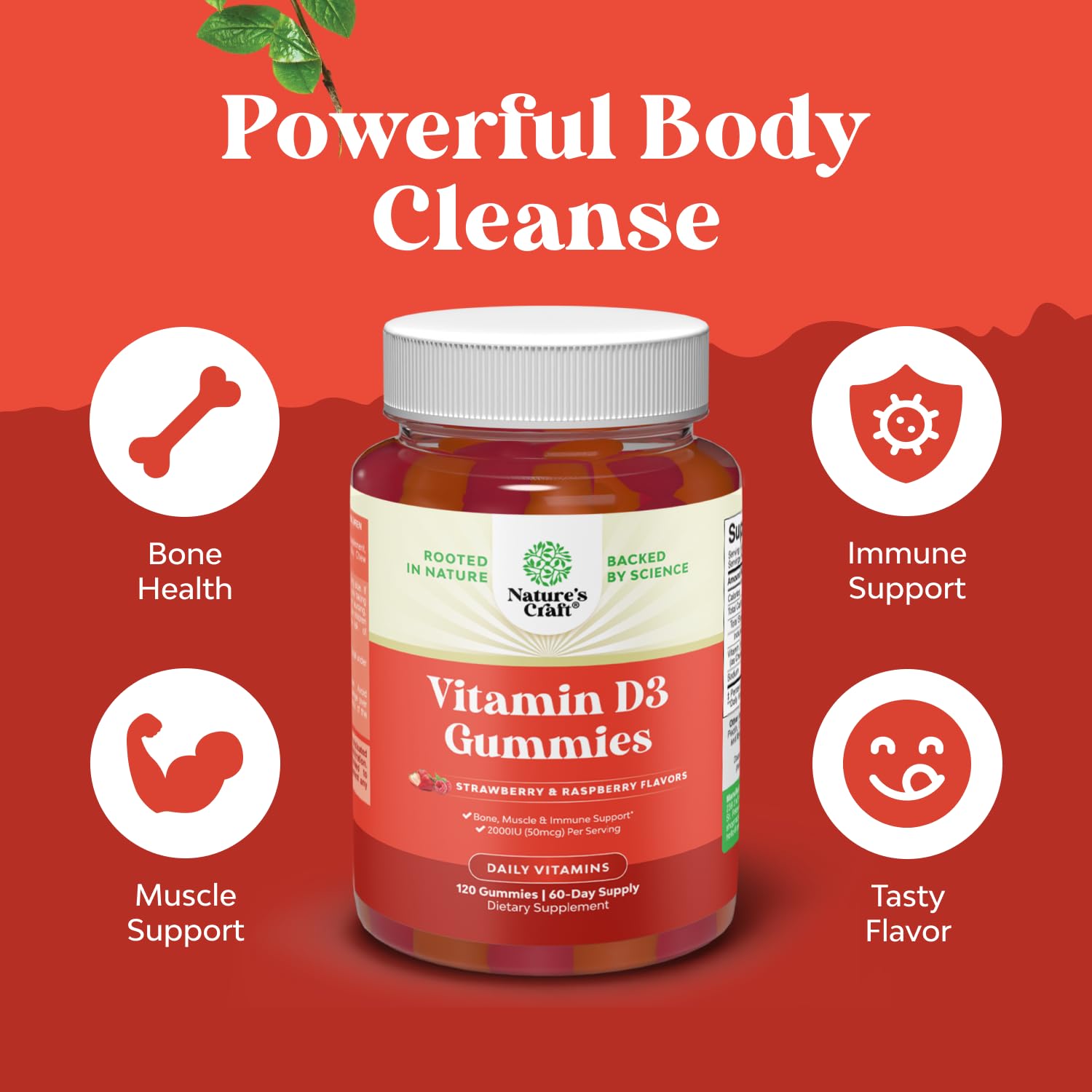 Vegan badge on Natures Craft gummies signaling plant-based D3 option for wellness