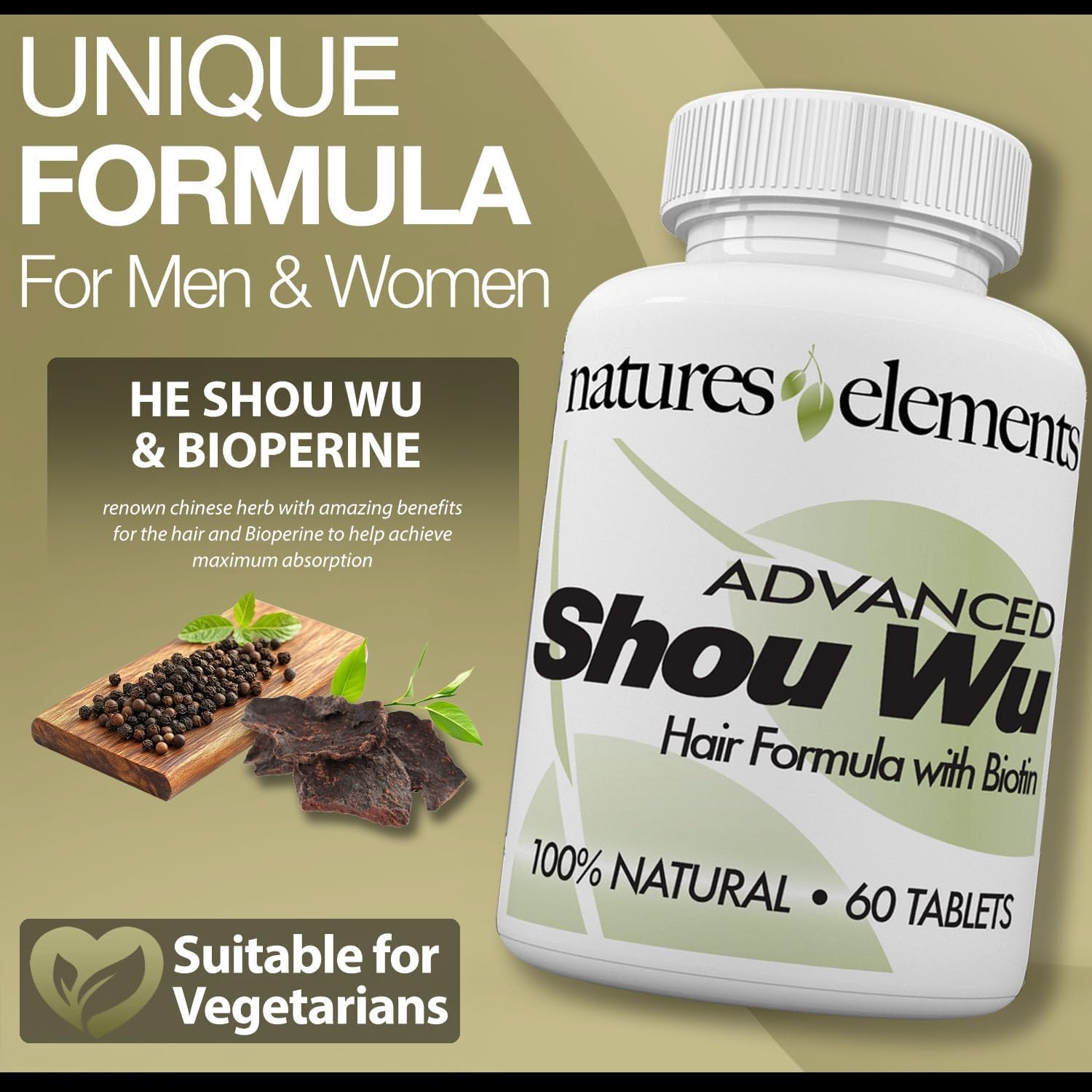 Natures Elements Advanced Shou Wu biotin and zinc blend highlights hair health support