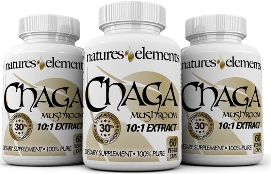 Natures Elements Chaga bottle label showing 10:1 extract and 30% polysaccharides for users.