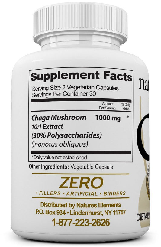 Natures Elements Chaga capsules close-up for daily antioxidant support.