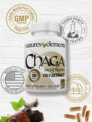 Natures Elements Chaga capsules: non-GMO, gluten-free, soy-free, and vegetarian.