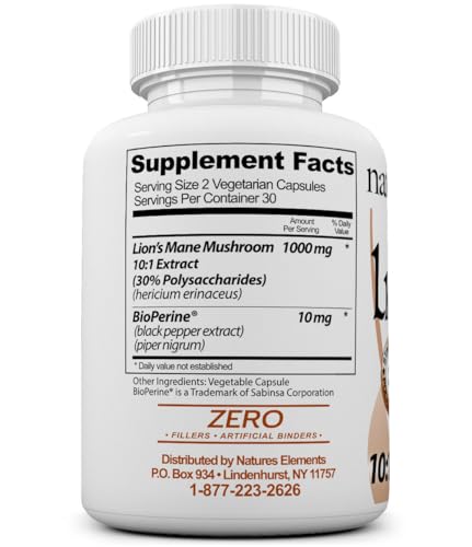Natures Elements Lion's Mane bottle back label highlighting BioPerine