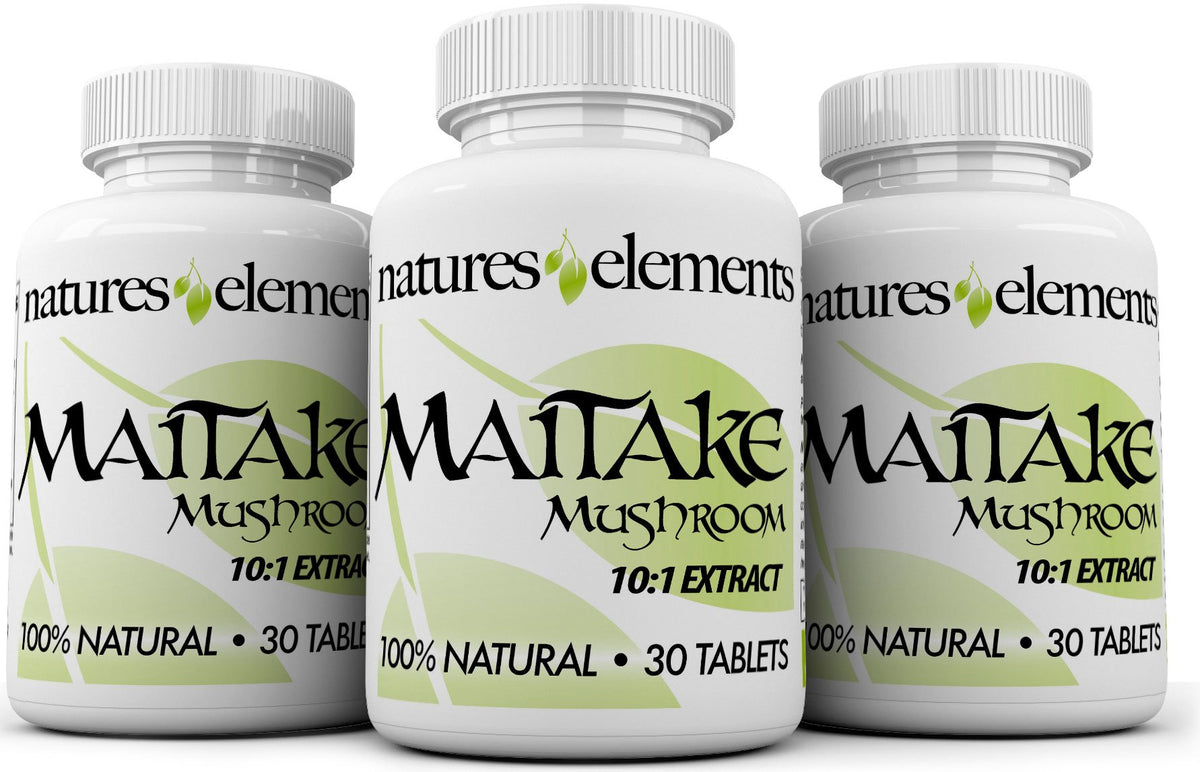 Natures Elements Maitake bottle front with 10:1 extract and 500mg tablets