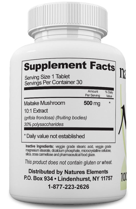 Closeup of Maitake 500mg tablets from Natures Elements