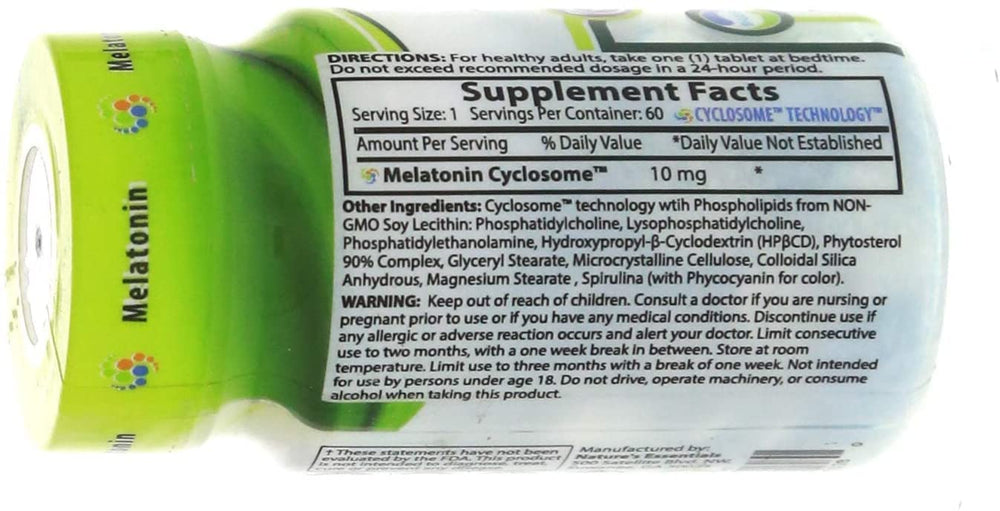 NATURE'S ESSENTIALS Melatonin 10mg packaging closeup shows product details