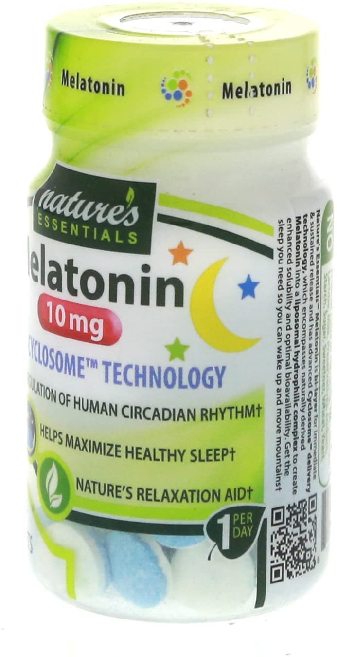 NATURE'S ESSENTIALS Melatonin 10mg tablets closeup highlights dosage clarity