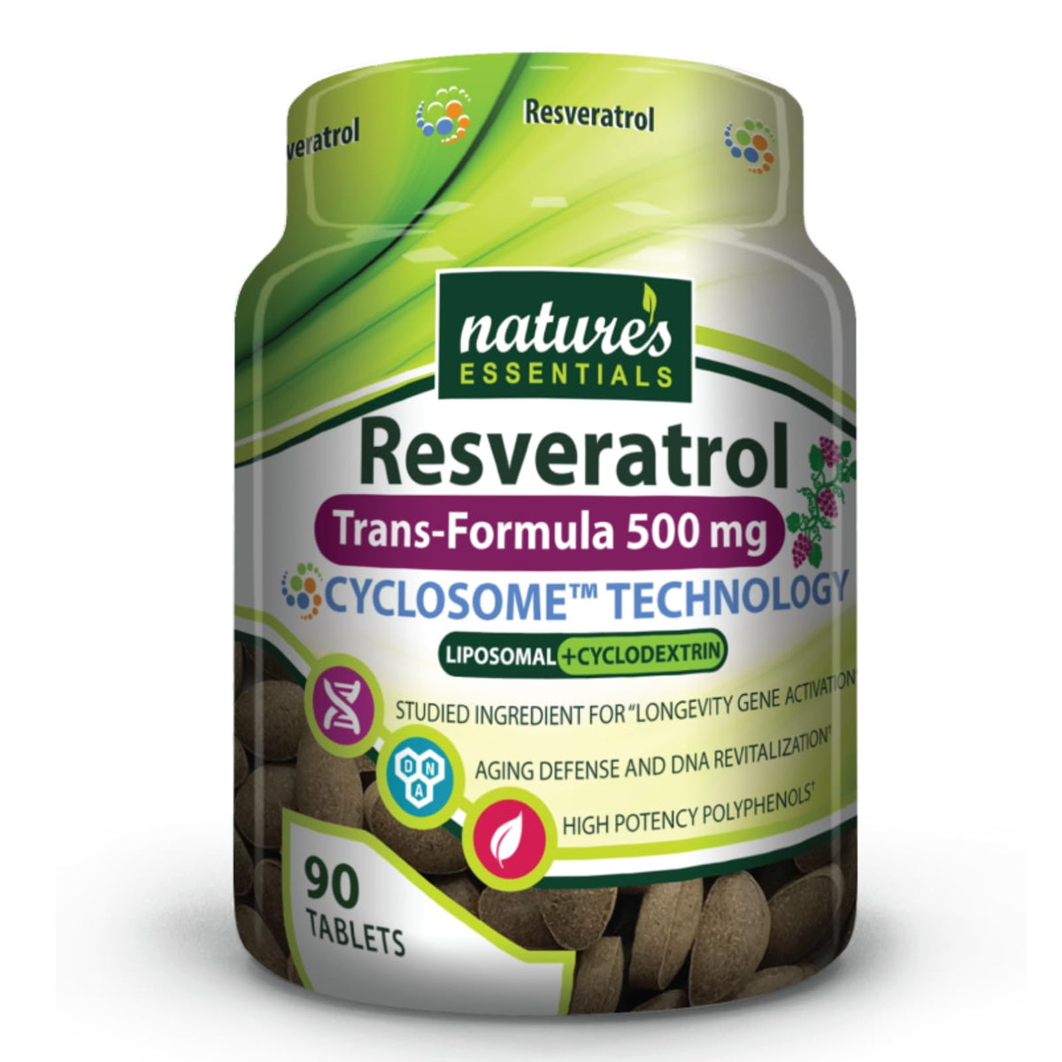 Nature's Essentials Resveratrol 500mg bottle close-up highlighting high-potency formulation for daily wellness