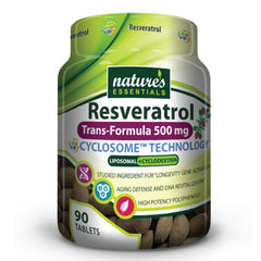 Nature's Essentials Resveratrol 500mg bottle close-up highlighting high-potency formulation for daily wellness