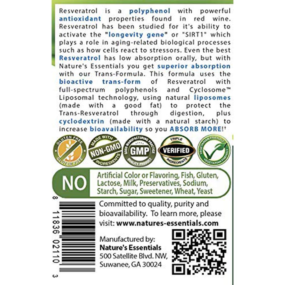 Nature's Essentials Resveratrol 500mg bottle with label non-GMO gluten-free formula