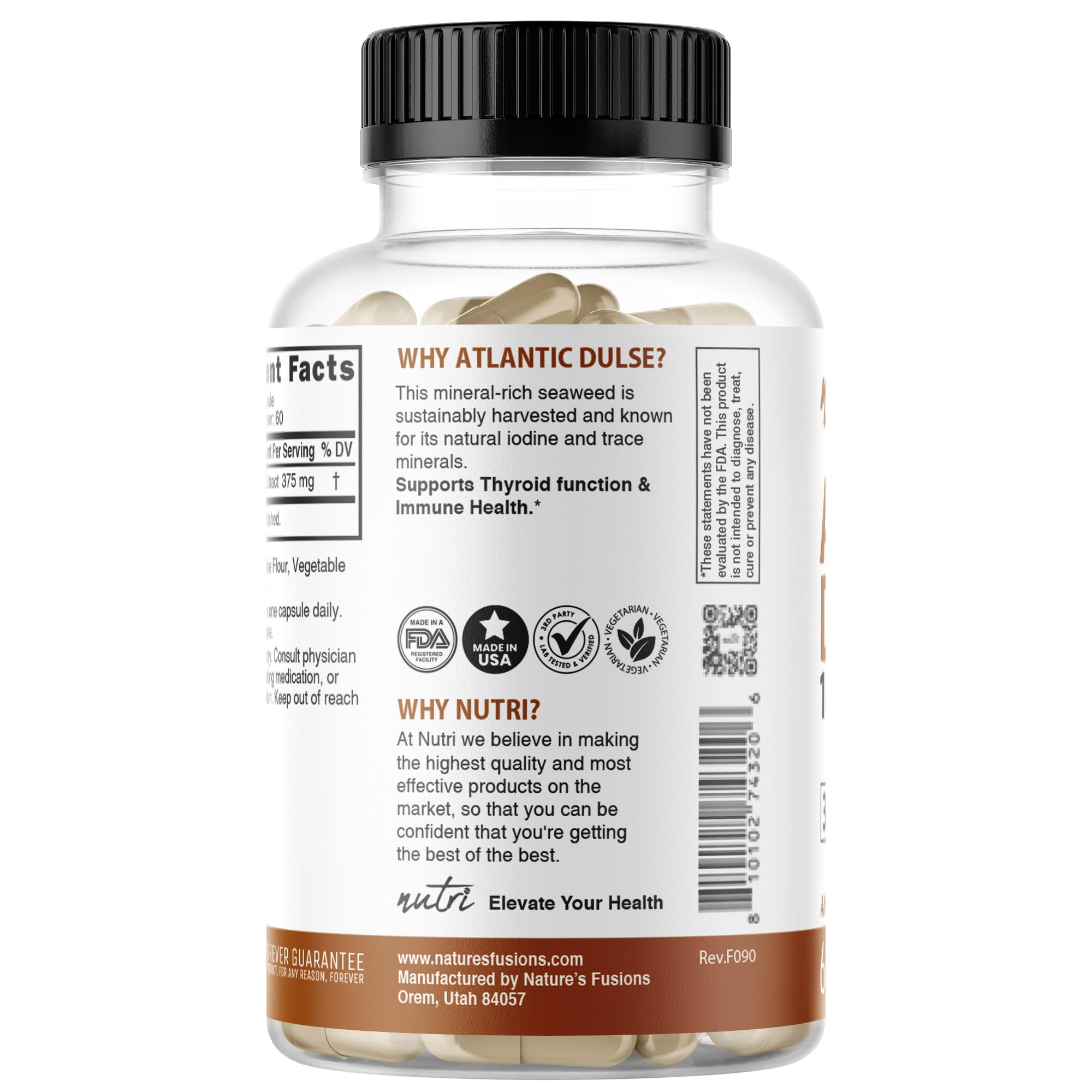 Close-up of capsules, Nature's Fusions Atlantic Dulse 10:1 extract, highlighting high potency.