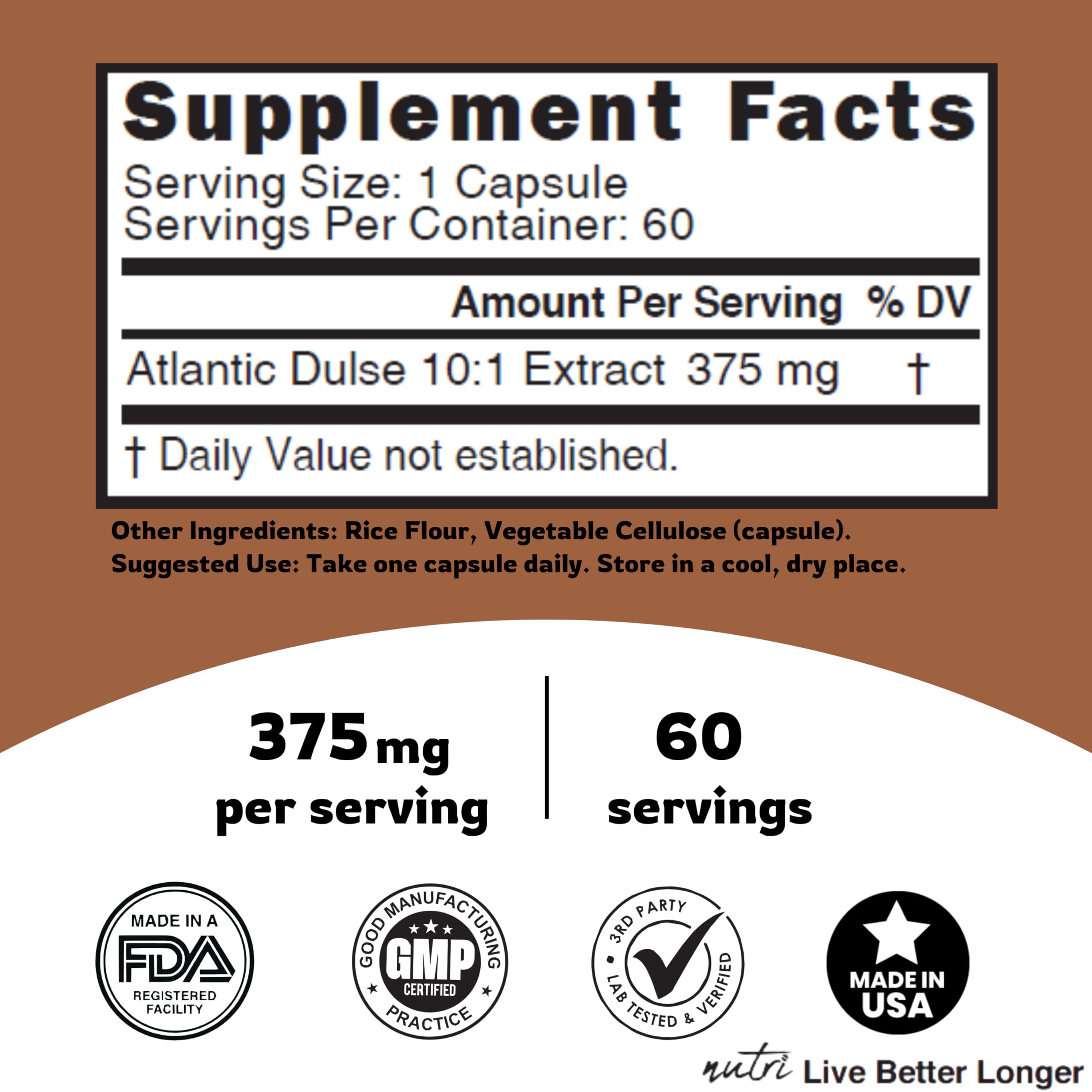 Nature's Fusions Atlantic Dulse 10:1 extract ingredients showcase seaweed-derived nutrients for daily use.