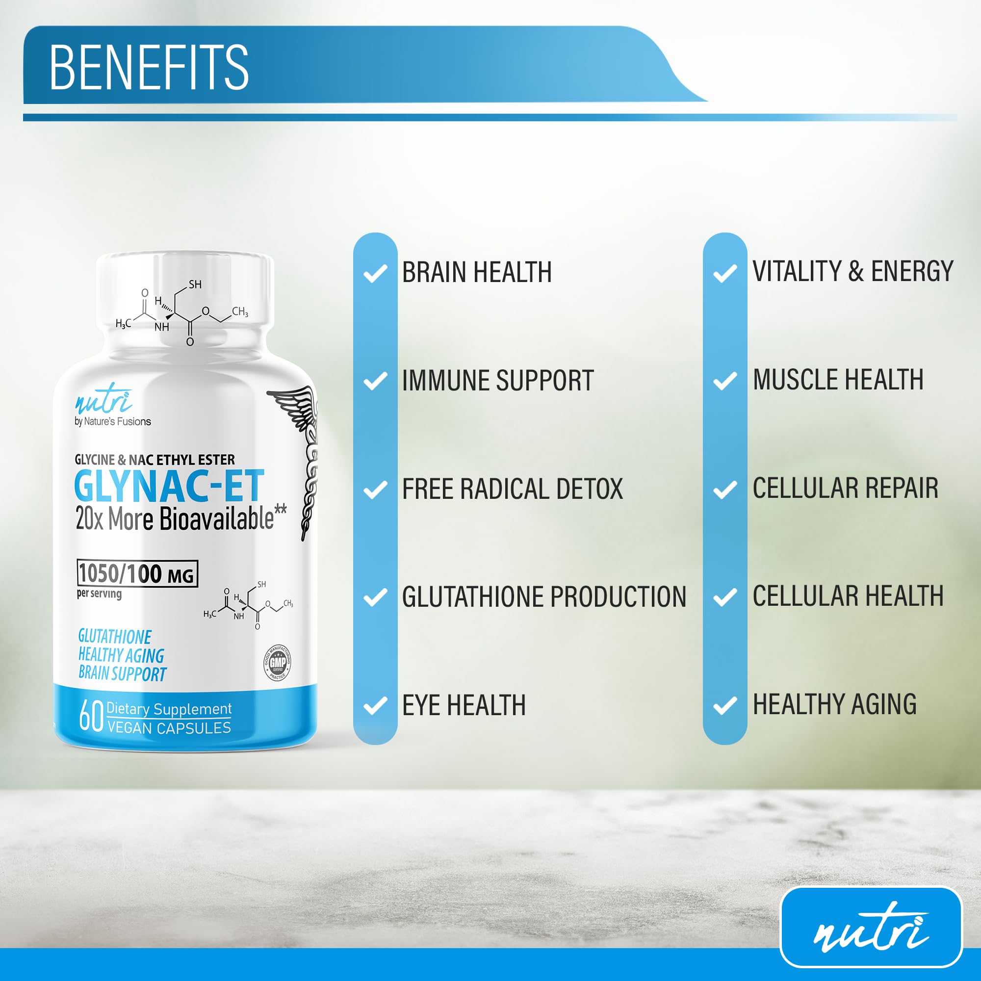 Nature's Fusions GlyNAC-ET packaging with clear dosage information.