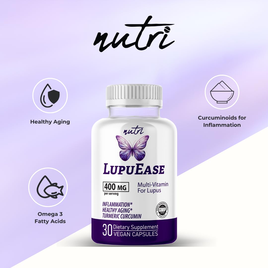 Nature's Fusions LupuEase bottle label highlights omega-3 and curcumin for joint comfort
