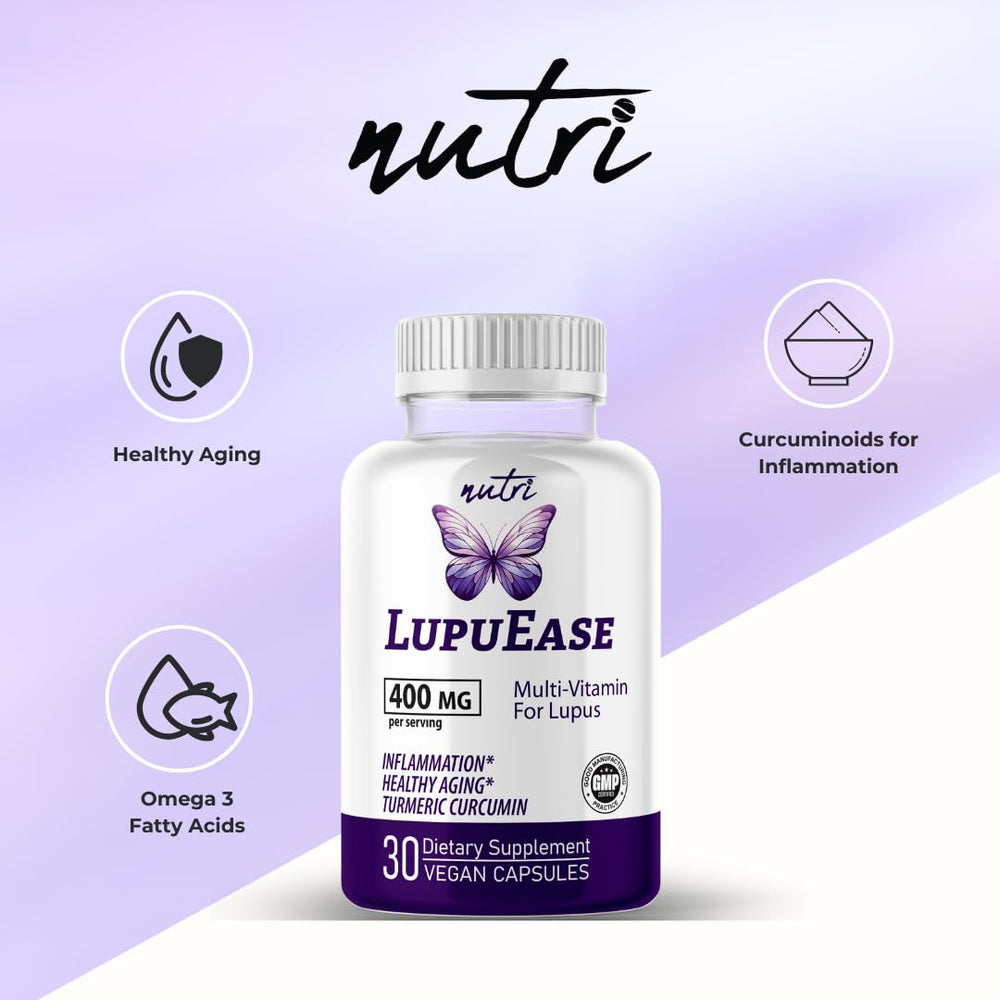 Nature's Fusions LupuEase bottle label highlights omega-3 and curcumin for joint comfort
