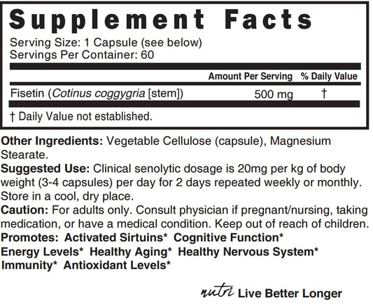 Nutri Fisetin capsules close-up for convenient cognitive support.