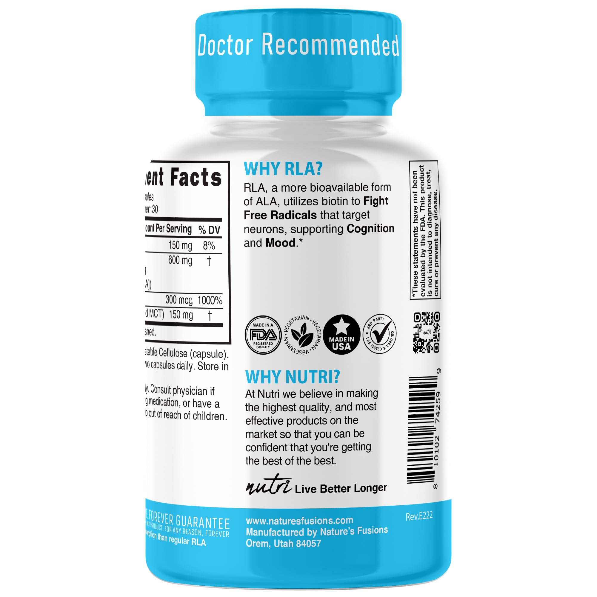 Nature's Fusions Nutri R Alpha Lipoic Acid third-party testing in the USA for purity