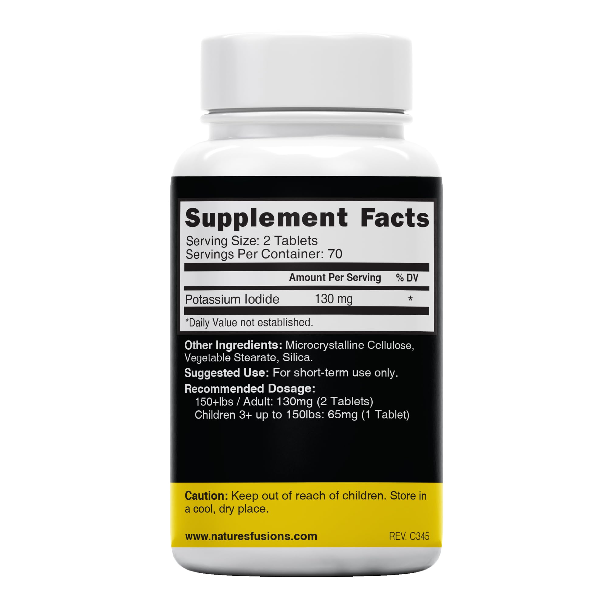 Nature's Fusions Potassium Iodide tablets close-up—standard 130 mg dosage for adults.