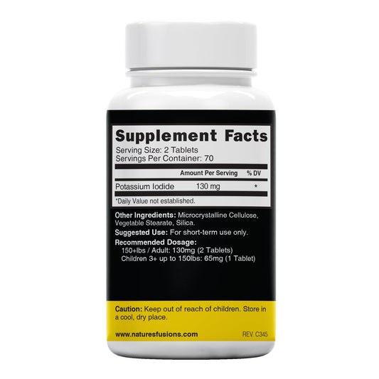 Nature's Fusions Potassium Iodide tablets close-up—standard 130 mg dosage for adults.