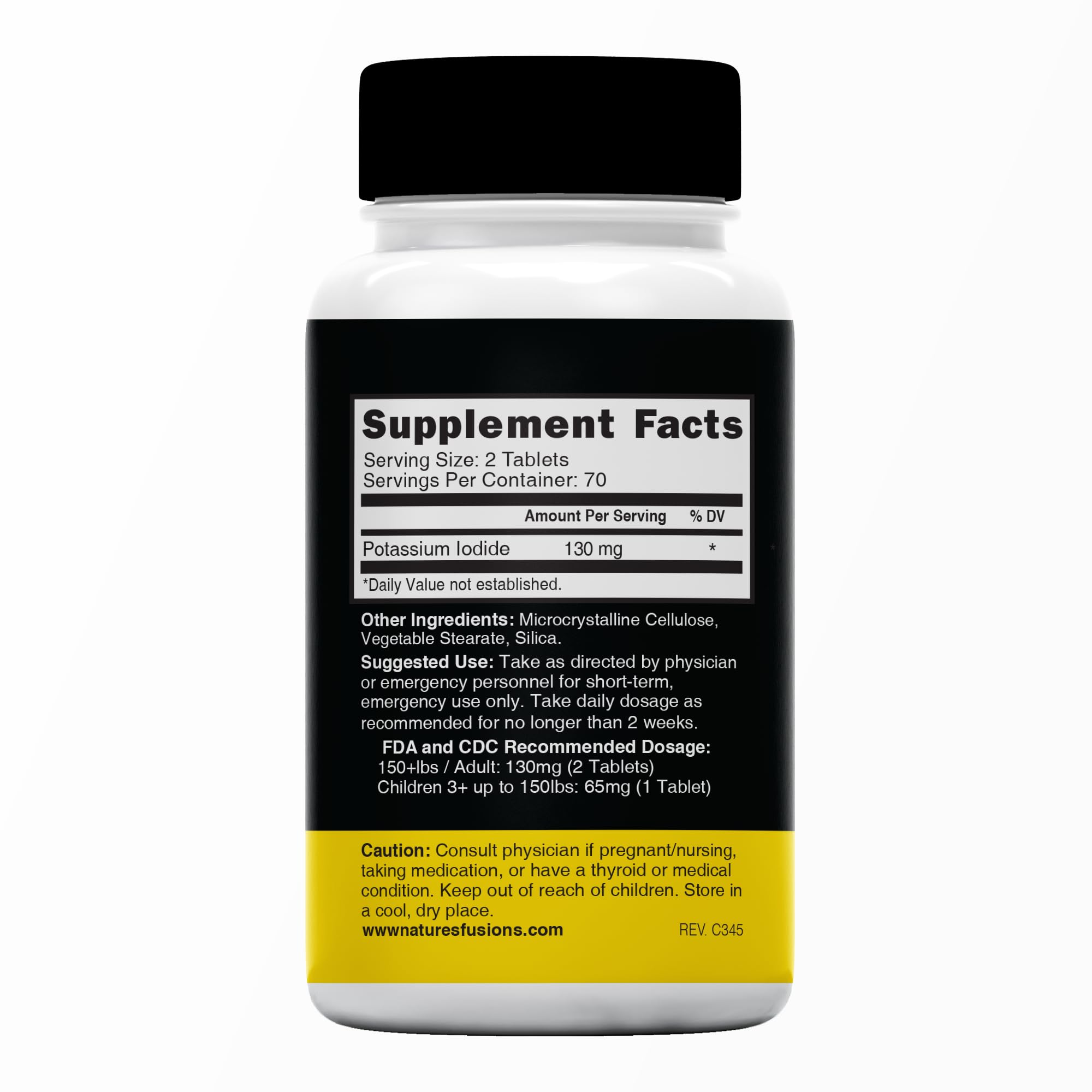 Nature's Fusions potassium iodide tablets close-up showing 130 mg dosage for emergencies.