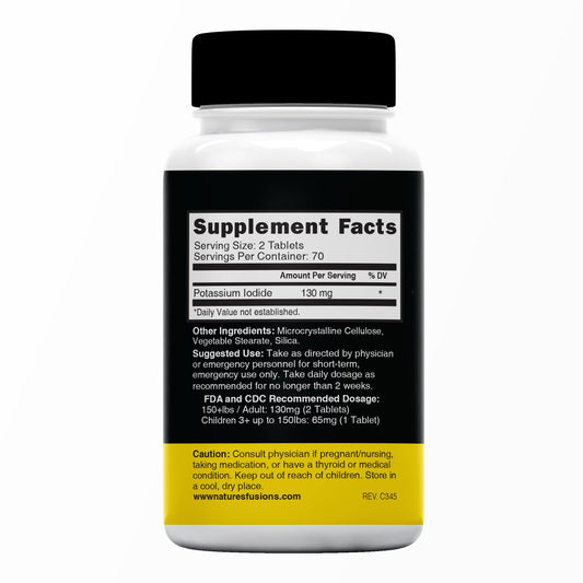 Nature's Fusions potassium iodide tablets close-up showing 130 mg dosage for emergencies.
