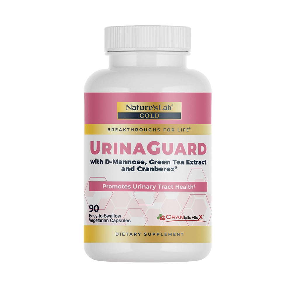 Nature's Lab Gold UrinaGuard bottle pour for daily urinary support.
