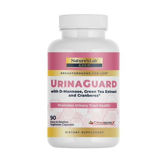 Nature's Lab Gold UrinaGuard bottle pour for daily urinary support.