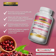 Nature's Lab Gold UrinaGuard capsule closeup highlights D-Mannose and cranberry blend.