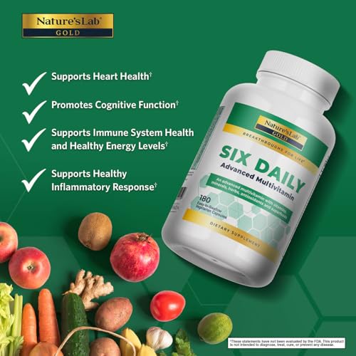 Nature's Lab Six Daily Advanced Multivitamin bottle back shows ingredients for immune support