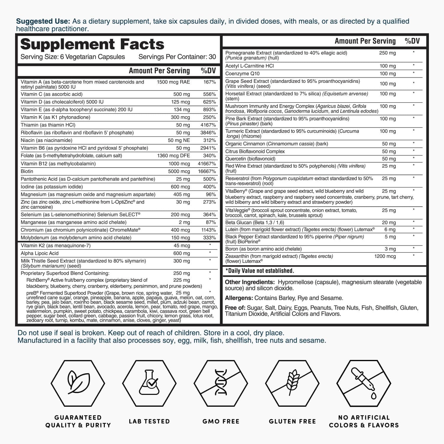 Nature's Lab Six Daily Advanced Multivitamin bottle beside a glass of water