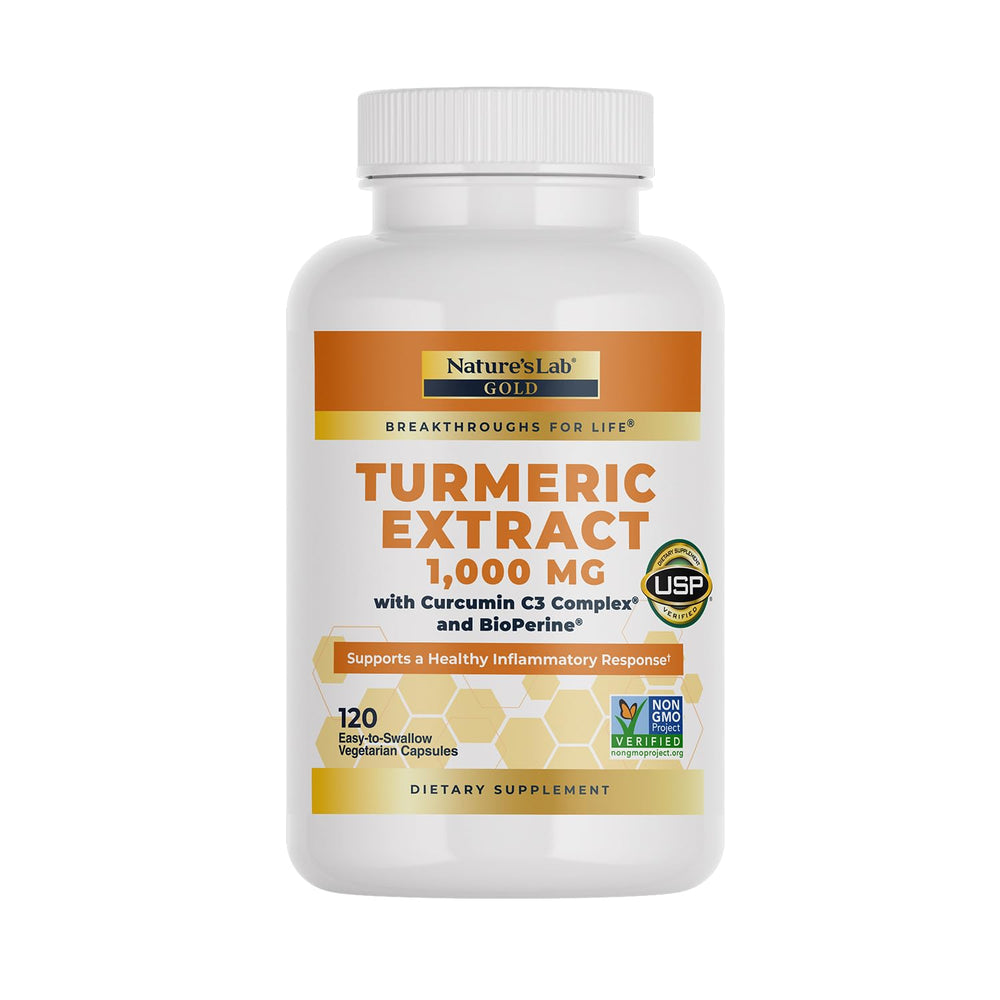 Nature's Lab Turmeric Curcumin bottle front view highlighting BioPerine for absorption
