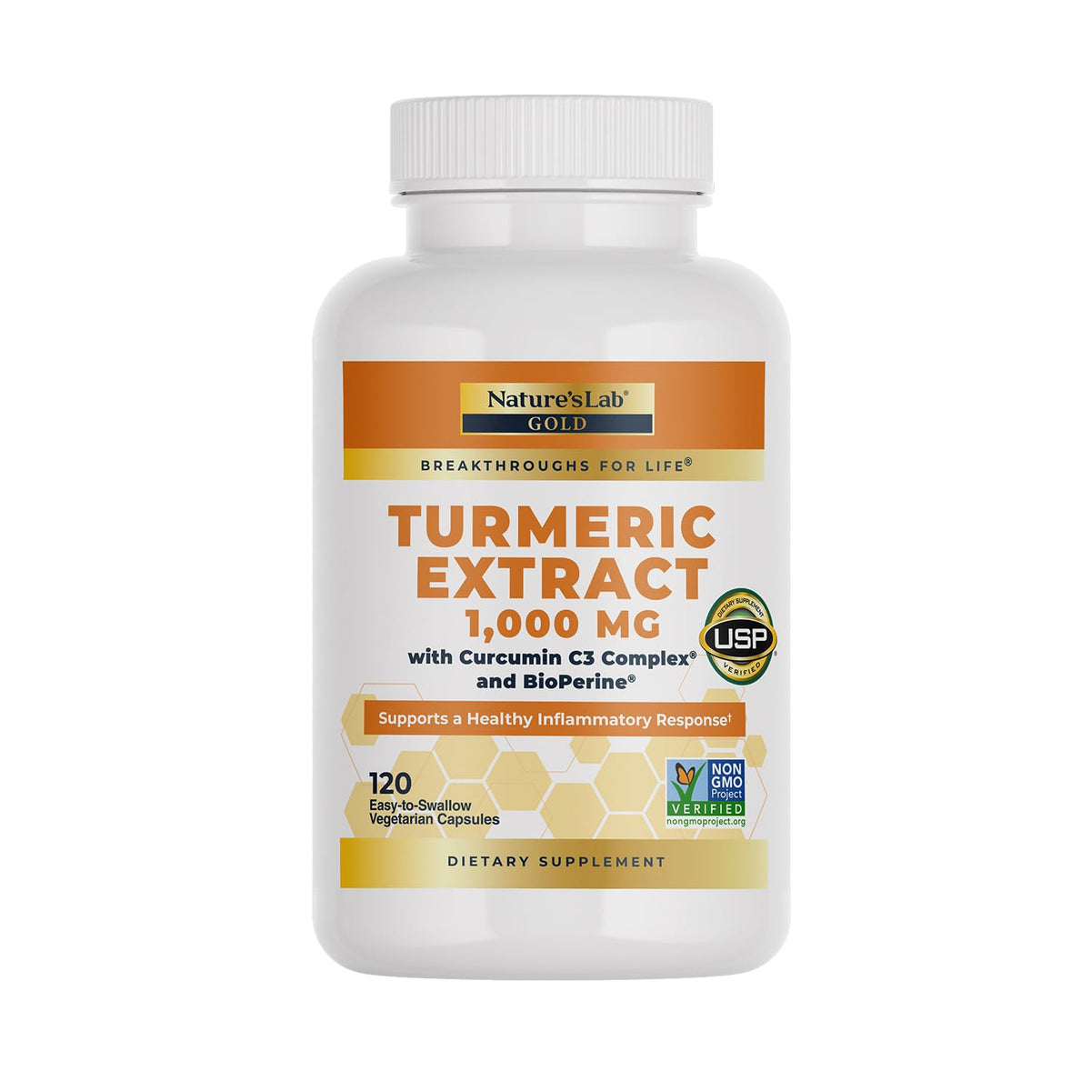 Nature's Lab Turmeric Curcumin bottle front view highlighting BioPerine for absorption