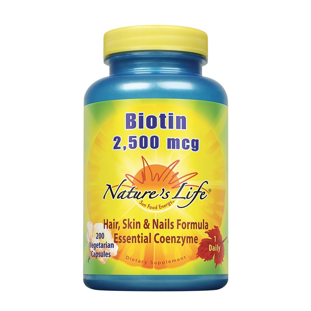 Nature's Life Biotin 2500mcg bottle close-up for hair and nails support