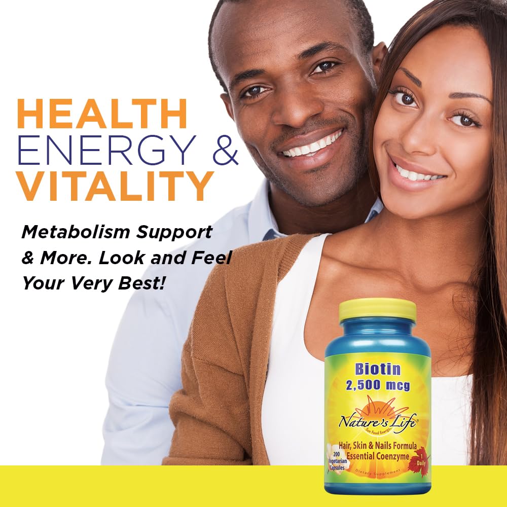 Nature's Life Biotin label close-up highlighting potency and non-GMO