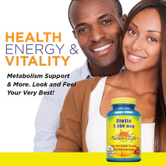 Nature's Life Biotin label close-up highlighting potency and non-GMO