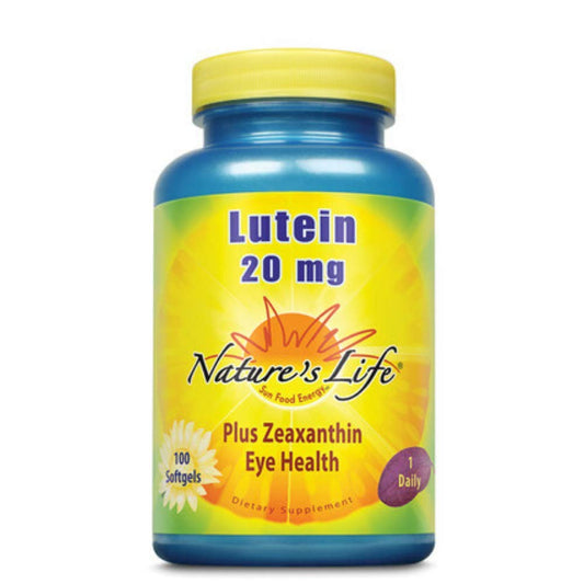 Nature's Life Lutein 20 mg bottle supports daily eye health.