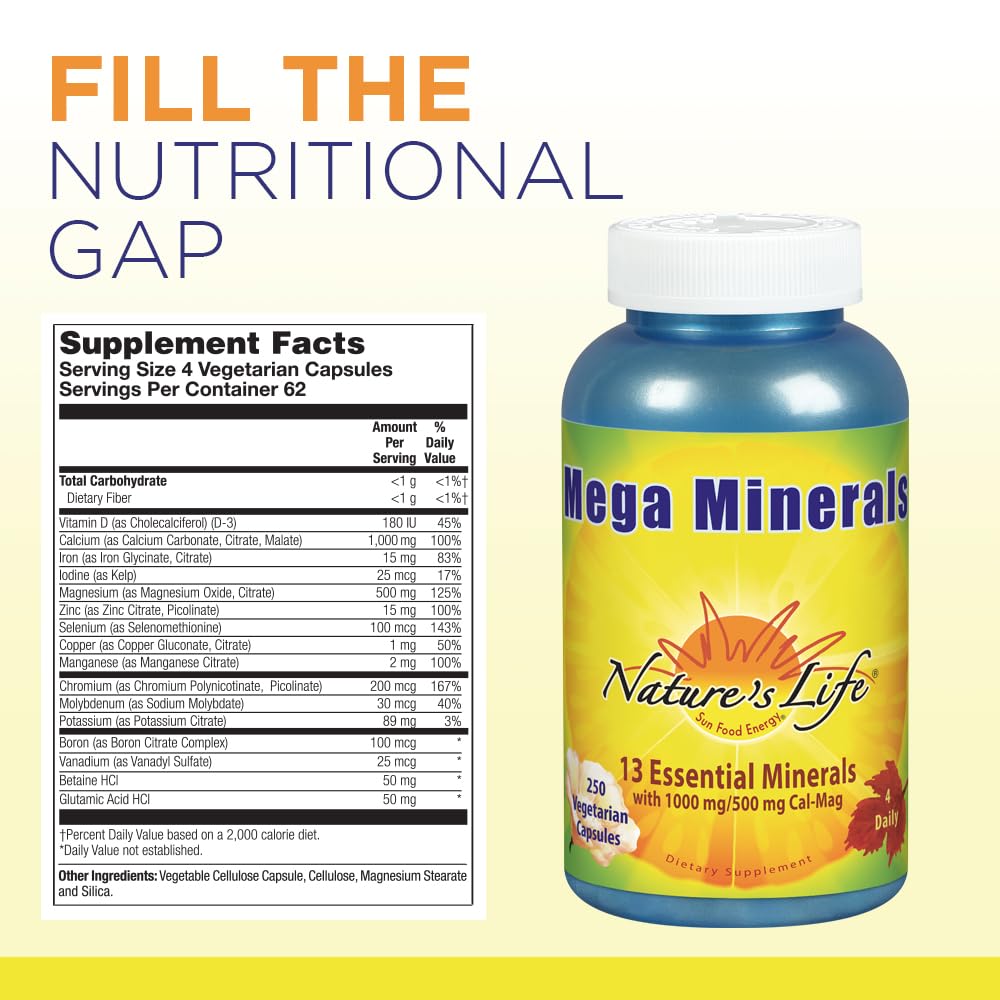 Nature's Life Mega Minerals bottle nutrition panel shows key minerals for bone health