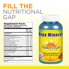 Nature's Life Mega Minerals bottle nutrition panel shows key minerals for bone health