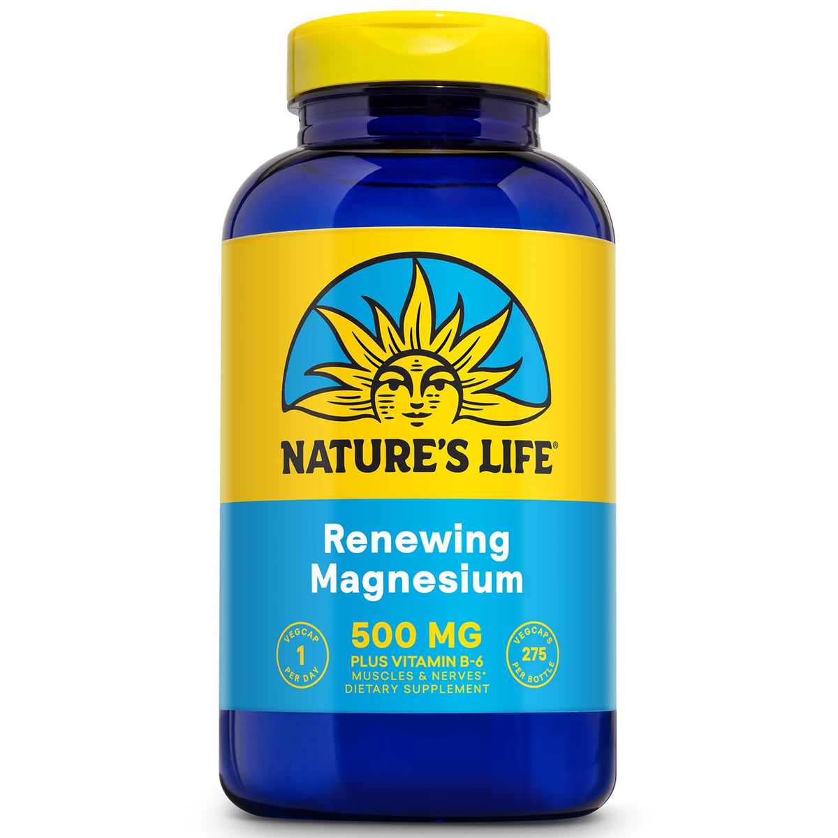 Nature's Life Renewing Magnesium 500 mg bottle with high-potency label for daily use.